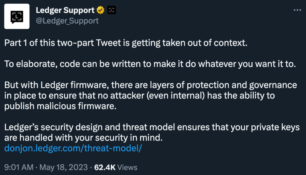 ledger support clarifying tweet may 2023