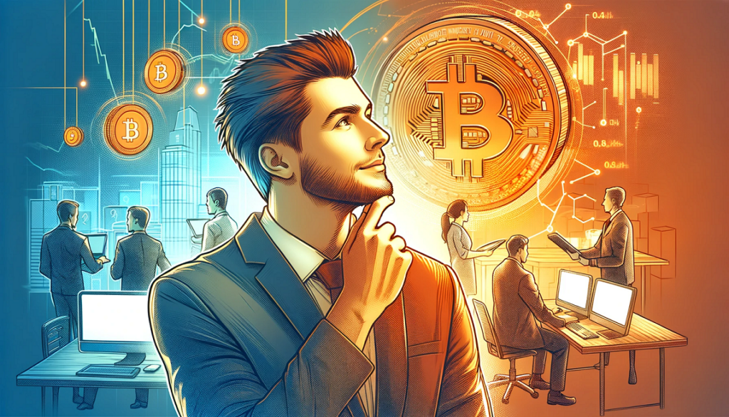 DALL·E 2023 12 26 21.06.54 Create an image of an individual with a thoughtful and optimistic expression contemplating cryptocurrency risk management. The person is in a busy of