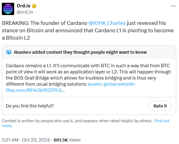 ord tweet bitcoin l2 cardano rumours 